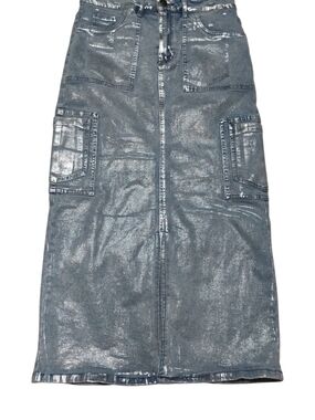 Balboa Metallic Silver & Blue Cargo Denim Maxi Skirt SZ L NWT